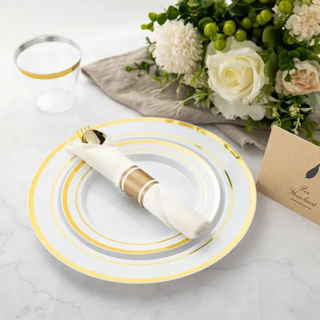 Alt view image 4 of 7 - 350PCS Gold Plastic Dinnerware Set for 50 Guests, Include: 50 Dinner Plates, 50 Dessert Plates, 50 Pre Rolled Napkins with Silverware and 50 Cups, White and Gold Disposable Plates for Party