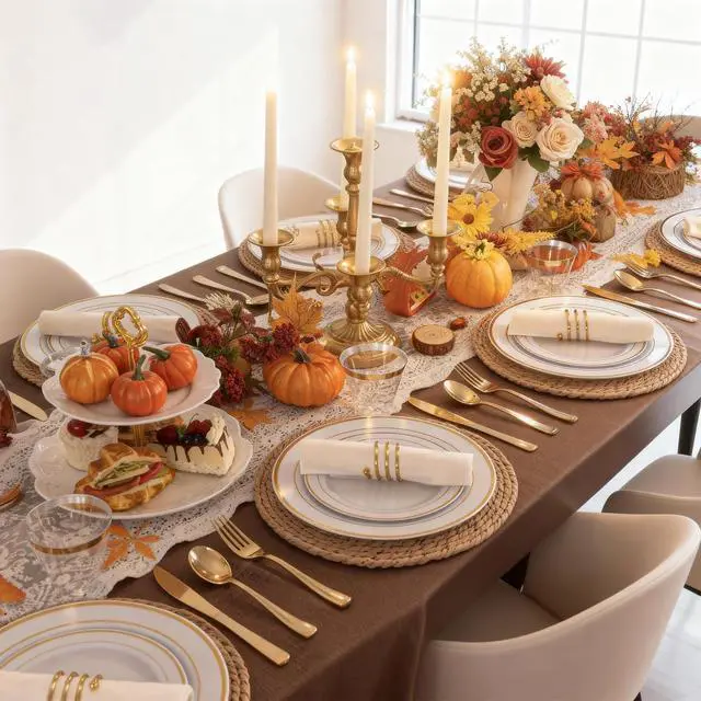 Alt view image 7 of 7 - 350PCS Gold Plastic Dinnerware Set for 50 Guests, Include: 50 Dinner Plates, 50 Dessert Plates, 50 Pre Rolled Napkins with Silverware and 50 Cups, White and Gold Disposable Plates for Party