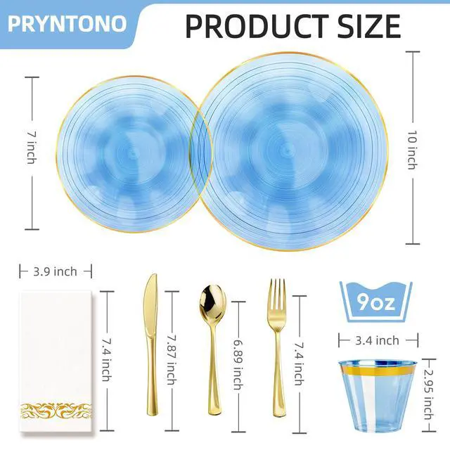 Alt view image 2 of 6 - 175PCS Blue Plastic Plates with Gold Rim, Disposable Party Dinnerware Set for 25 Guests, Include 25 Dinner and Salad Plates, Napkins, Forks, Spoons, Knives, Cups, Perfect for Party