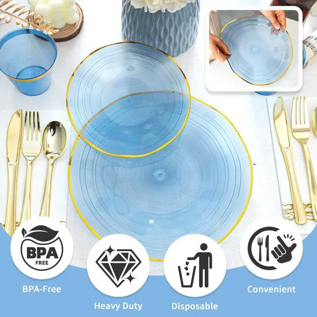 Alt view image 3 of 6 - 175PCS Blue Plastic Plates with Gold Rim, Disposable Party Dinnerware Set for 25 Guests, Include 25 Dinner and Salad Plates, Napkins, Forks, Spoons, Knives, Cups, Perfect for Party