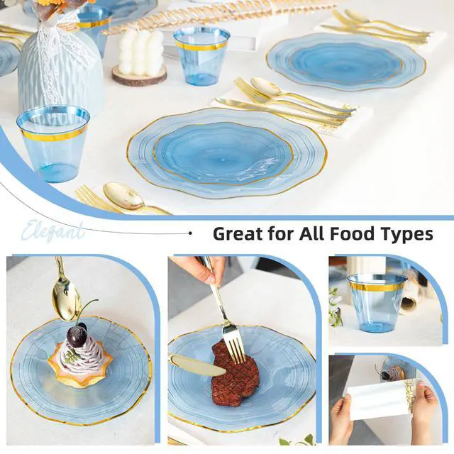 Alt view image 6 of 6 - 175PCS Blue Plastic Plates with Gold Rim, Disposable Party Dinnerware Set for 25 Guests, Include 25 Dinner and Salad Plates, Napkins, Forks, Spoons, Knives, Cups, Perfect for Party