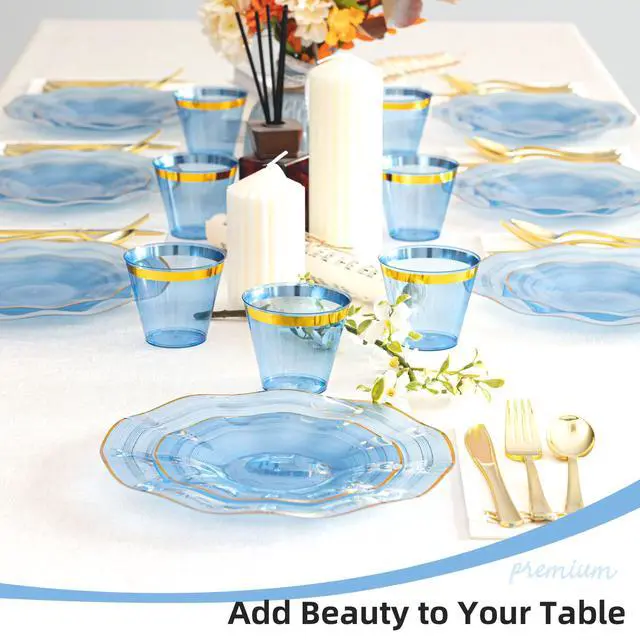 Alt view image 5 of 6 - 175PCS Blue Plastic Plates with Gold Rim, Disposable Party Dinnerware Set for 25 Guests, Include 25 Dinner and Salad Plates, Napkins, Forks, Spoons, Knives, Cups, Perfect for Party