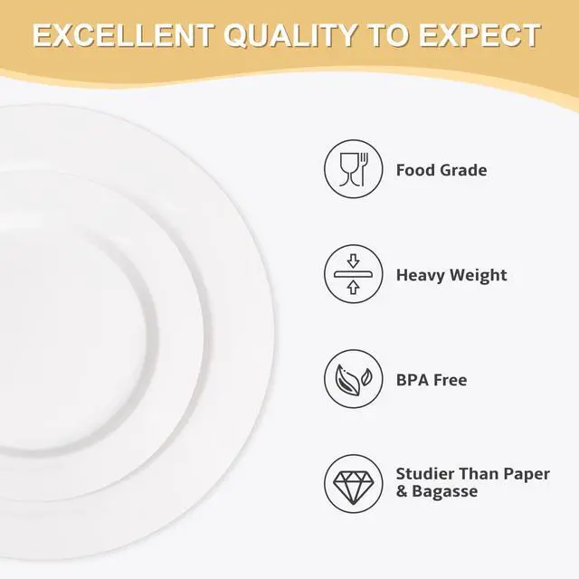 Alt view image 3 of 6 - 200 PCS White Plastic Plates, Premium Heavy Duty Disposable Plates for Party, 100 Dinner Plates & 100 Salad Dessert Plates, Sturdy Hard Plastic Dinnerware for Wedding, Events