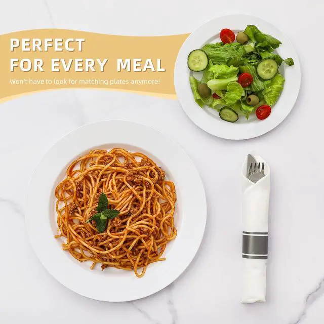 Alt view image 4 of 6 - 200 PCS White Plastic Plates, Premium Heavy Duty Disposable Plates for Party, 100 Dinner Plates & 100 Salad Dessert Plates, Sturdy Hard Plastic Dinnerware for Wedding, Events