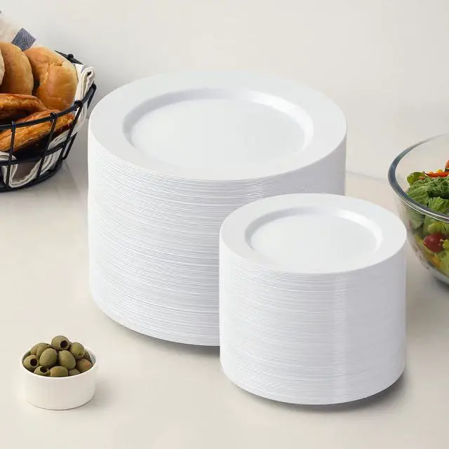 Alt view image 6 of 6 - 200 PCS White Plastic Plates, Premium Heavy Duty Disposable Plates for Party, 100 Dinner Plates & 100 Salad Dessert Plates, Sturdy Hard Plastic Dinnerware for Wedding, Events