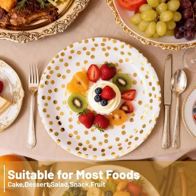 Alt view image 3 of 7 - Party Supplies 100 pcs for 25 Guests, Stylish Foil Polka Dots Paper Plates 9 inch & 7 inch, White Paper Napkins Disposable Forks for Garden Party,Birthday,Wedding,and everyday meals