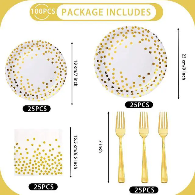 Alt view image 2 of 7 - Party Supplies 100 pcs for 25 Guests, Stylish Foil Polka Dots Paper Plates 9 inch & 7 inch, White Paper Napkins Disposable Forks for Garden Party,Birthday,Wedding,and everyday meals
