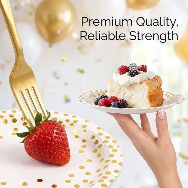 Alt view image 4 of 7 - Party Supplies 100 pcs for 25 Guests, Stylish Foil Polka Dots Paper Plates 9 inch & 7 inch, White Paper Napkins Disposable Forks for Garden Party,Birthday,Wedding,and everyday meals