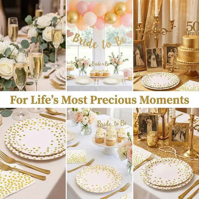 Alt view image 7 of 7 - Party Supplies 100 pcs for 25 Guests, Stylish Foil Polka Dots Paper Plates 9 inch & 7 inch, White Paper Napkins Disposable Forks for Garden Party,Birthday,Wedding,and everyday meals
