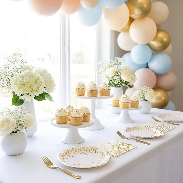 Alt view image 5 of 7 - Party Supplies 100 pcs for 25 Guests, Stylish Foil Polka Dots Paper Plates 9 inch & 7 inch, White Paper Napkins Disposable Forks for Garden Party,Birthday,Wedding,and everyday meals