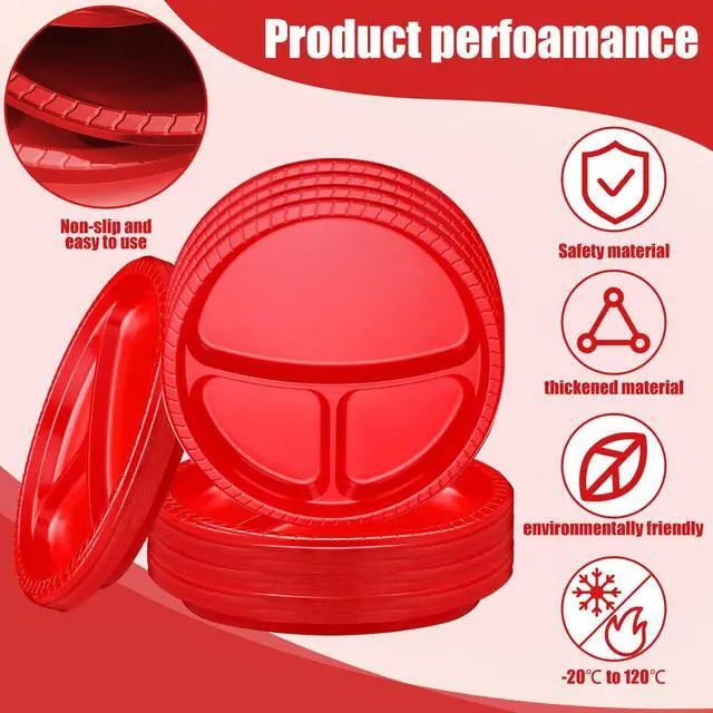 Alt view image 2 of 7 - 100 Pcs 10 Inch 3 Compartments Divided Plastic Plates Bulk Colorful Disposable Heavy Duty Round Dinnerware for Valentine Wedding Birthday Party(Red)