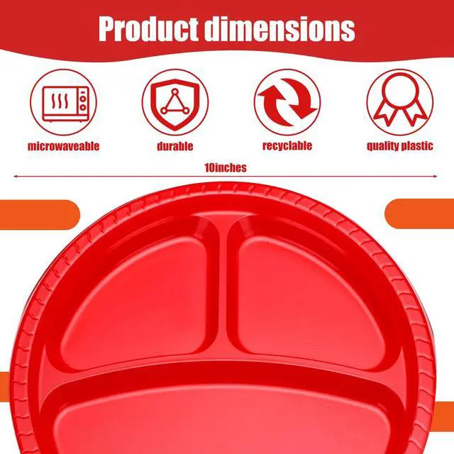Alt view image 3 of 7 - 100 Pcs 10 Inch 3 Compartments Divided Plastic Plates Bulk Colorful Disposable Heavy Duty Round Dinnerware for Valentine Wedding Birthday Party(Red)