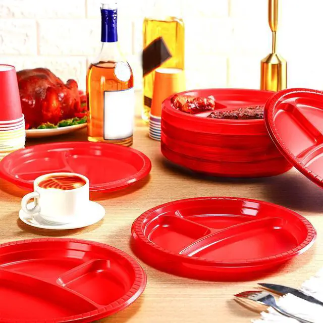 Alt view image 4 of 7 - 100 Pcs 10 Inch 3 Compartments Divided Plastic Plates Bulk Colorful Disposable Heavy Duty Round Dinnerware for Valentine Wedding Birthday Party(Red)