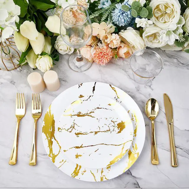 Alt view image 2 of 7 - 180PCS Disposable Dinnerware Set 30 Guest, 60 White and Gold Plastic Plates, 30 Plastic Silverware, 30 Cups, Marble Design Disposable Dinnerware for Wedding, Thanksgiving and Parties