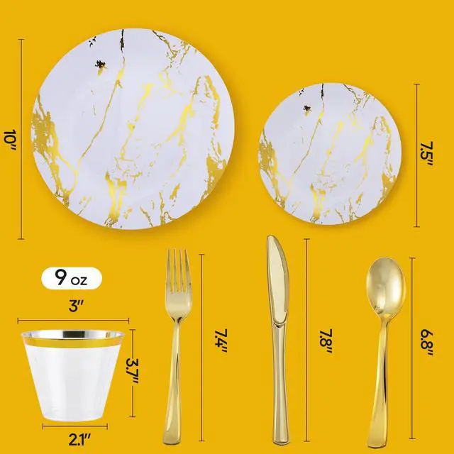 Alt view image 3 of 7 - 180PCS Disposable Dinnerware Set 30 Guest, 60 White and Gold Plastic Plates, 30 Plastic Silverware, 30 Cups, Marble Design Disposable Dinnerware for Wedding, Thanksgiving and Parties