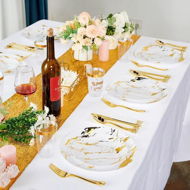 Alt view image 6 of 7 - 180PCS Disposable Dinnerware Set 30 Guest, 60 White and Gold Plastic Plates, 30 Plastic Silverware, 30 Cups, Marble Design Disposable Dinnerware for Wedding, Thanksgiving and Parties