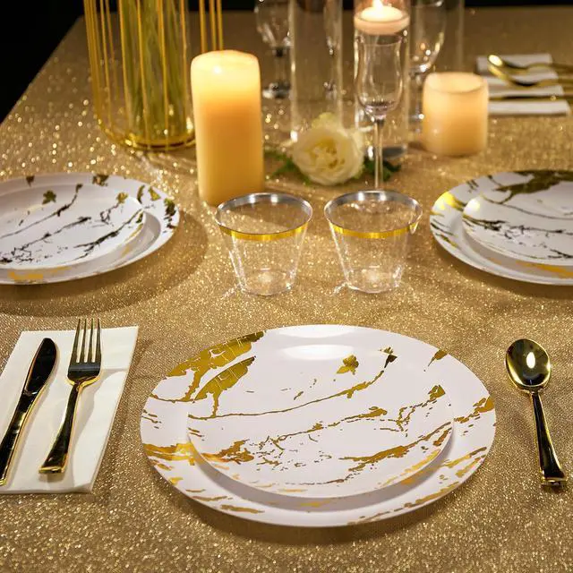 Alt view image 5 of 7 - 180PCS Disposable Dinnerware Set 30 Guest, 60 White and Gold Plastic Plates, 30 Plastic Silverware, 30 Cups, Marble Design Disposable Dinnerware for Wedding, Thanksgiving and Parties