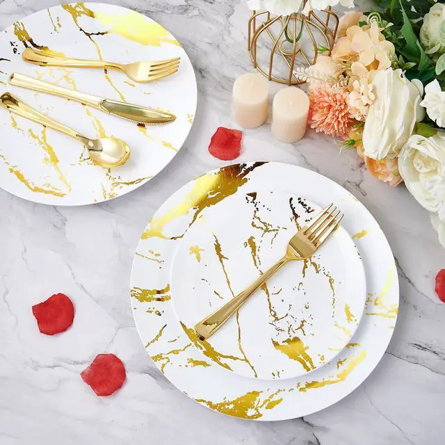Alt view image 4 of 7 - 180PCS Disposable Dinnerware Set 30 Guest, 60 White and Gold Plastic Plates, 30 Plastic Silverware, 30 Cups, Marble Design Disposable Dinnerware for Wedding, Thanksgiving and Parties