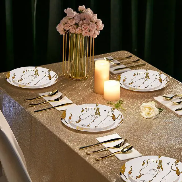 Alt view image 7 of 7 - 180PCS Disposable Dinnerware Set 30 Guest, 60 White and Gold Plastic Plates, 30 Plastic Silverware, 30 Cups, Marble Design Disposable Dinnerware for Wedding, Thanksgiving and Parties