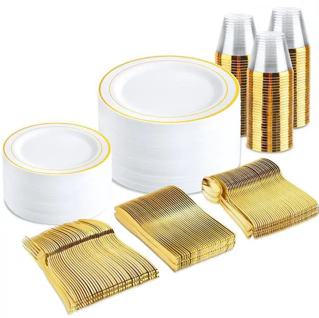 Main image of 300PCS Gold Disposable Dinnerware Set - White and Gold Plastic Plates - Include 50 Each (Dinner&Dessert) Plates,50 Knives,50 Forks,50 Spoons,50 Cups for Party