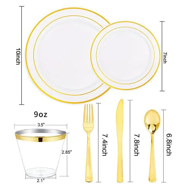 Alt view image 2 of 7 - 300PCS Gold Disposable Dinnerware Set - White and Gold Plastic Plates - Include 50 Each (Dinner&Dessert) Plates,50 Knives,50 Forks,50 Spoons,50 Cups for Party