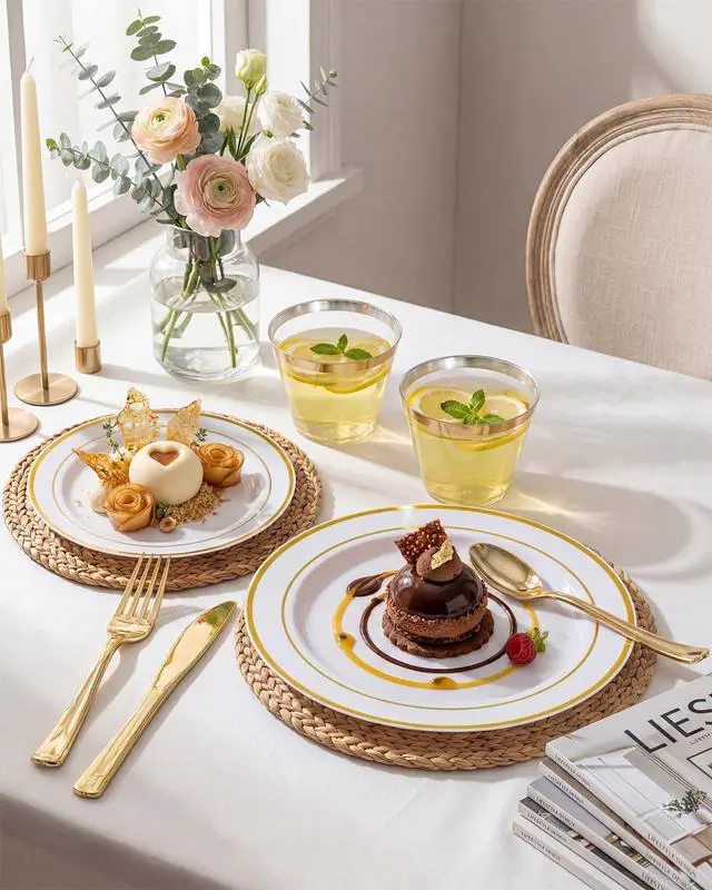 Alt view image 3 of 7 - 300PCS Gold Disposable Dinnerware Set - White and Gold Plastic Plates - Include 50 Each (Dinner&Dessert) Plates,50 Knives,50 Forks,50 Spoons,50 Cups for Party