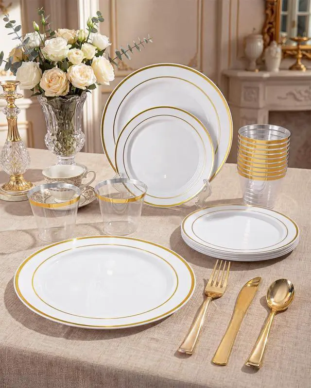 Alt view image 4 of 7 - 300PCS Gold Disposable Dinnerware Set - White and Gold Plastic Plates - Include 50 Each (Dinner&Dessert) Plates,50 Knives,50 Forks,50 Spoons,50 Cups for Party