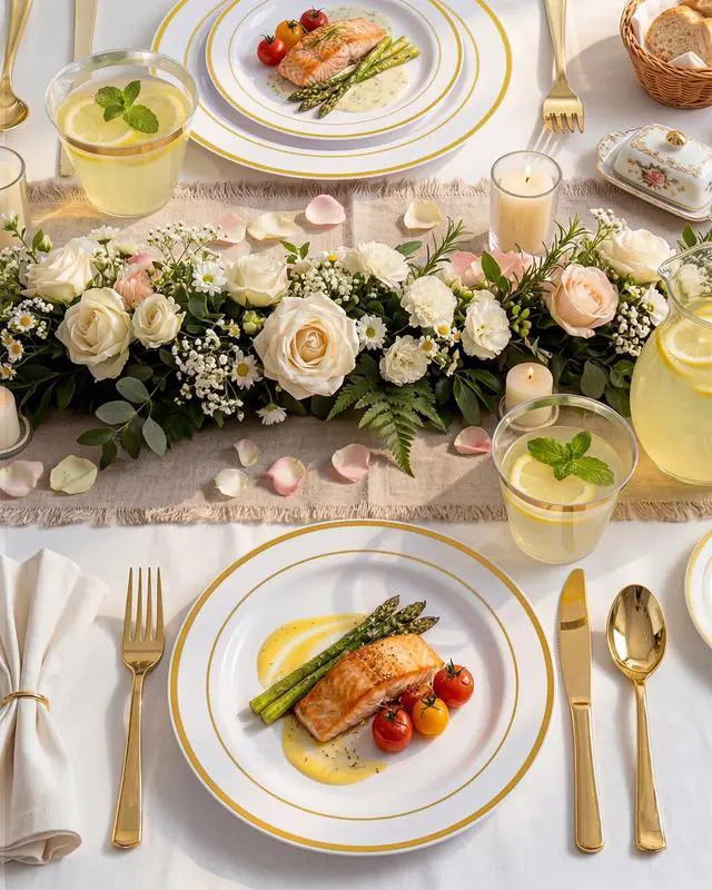 Alt view image 6 of 7 - 300PCS Gold Disposable Dinnerware Set - White and Gold Plastic Plates - Include 50 Each (Dinner&Dessert) Plates,50 Knives,50 Forks,50 Spoons,50 Cups for Party