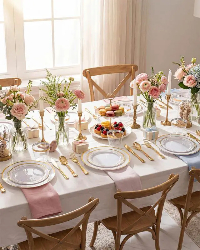 Alt view image 7 of 7 - 300PCS Gold Disposable Dinnerware Set - White and Gold Plastic Plates - Include 50 Each (Dinner&Dessert) Plates,50 Knives,50 Forks,50 Spoons,50 Cups for Party