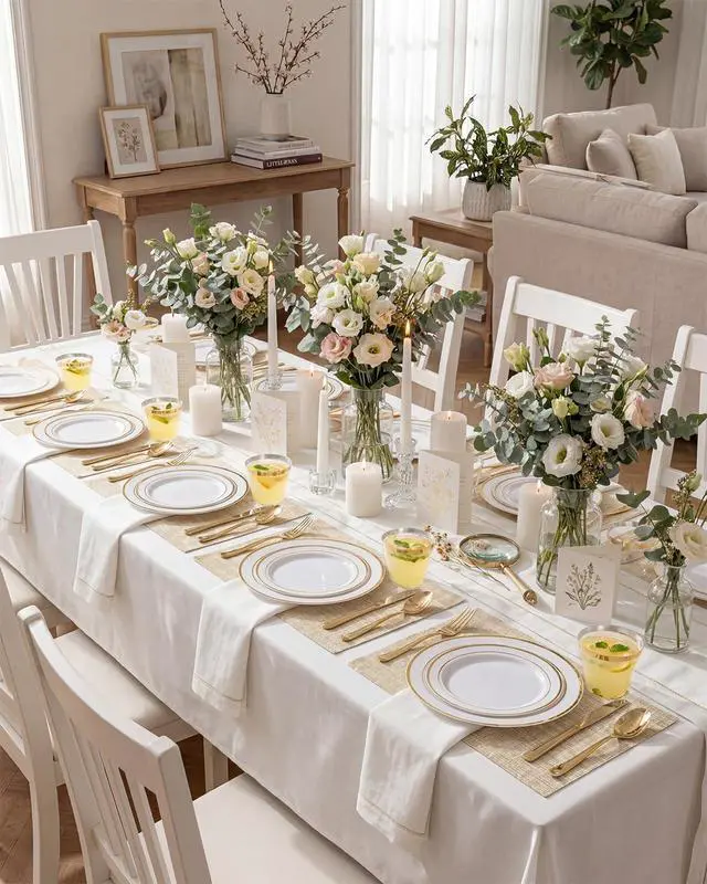 Alt view image 5 of 7 - 300PCS Gold Disposable Dinnerware Set - White and Gold Plastic Plates - Include 50 Each (Dinner&Dessert) Plates,50 Knives,50 Forks,50 Spoons,50 Cups for Party