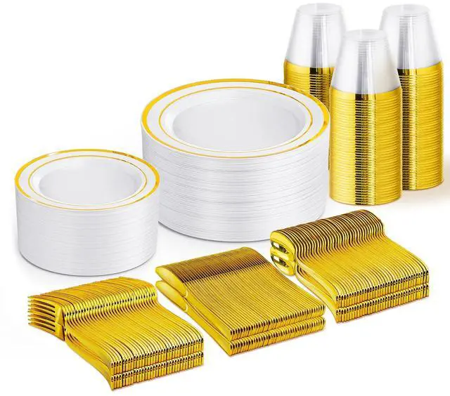 Main image of 300 PCS Gold Dinnerware Set for 50 Guests, Gold and White Disposable Plastic Plates for Party, 50 Dinner & Salad Plates, 50 Cups Forks Knives Spoons for Wedding and Party Supplies