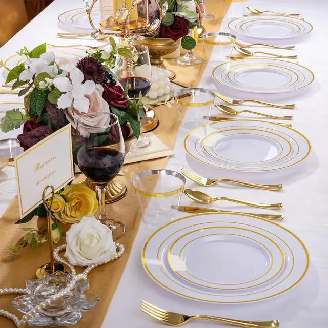 Alt view image 2 of 7 - 300 PCS Gold Dinnerware Set for 50 Guests, Gold and White Disposable Plastic Plates for Party, 50 Dinner & Salad Plates, 50 Cups Forks Knives Spoons for Wedding and Party Supplies
