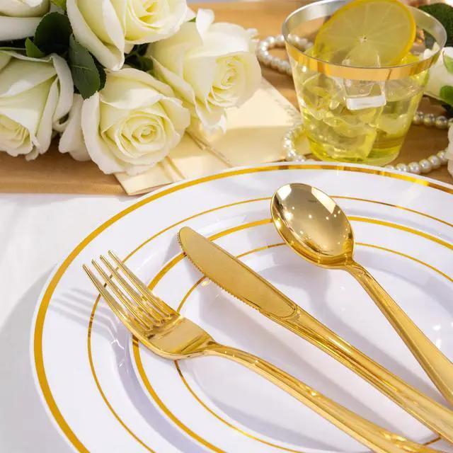 Alt view image 3 of 7 - 300 PCS Gold Dinnerware Set for 50 Guests, Gold and White Disposable Plastic Plates for Party, 50 Dinner & Salad Plates, 50 Cups Forks Knives Spoons for Wedding and Party Supplies