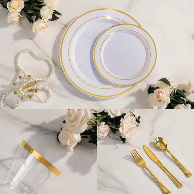 Alt view image 4 of 7 - 300 PCS Gold Dinnerware Set for 50 Guests, Gold and White Disposable Plastic Plates for Party, 50 Dinner & Salad Plates, 50 Cups Forks Knives Spoons for Wedding and Party Supplies