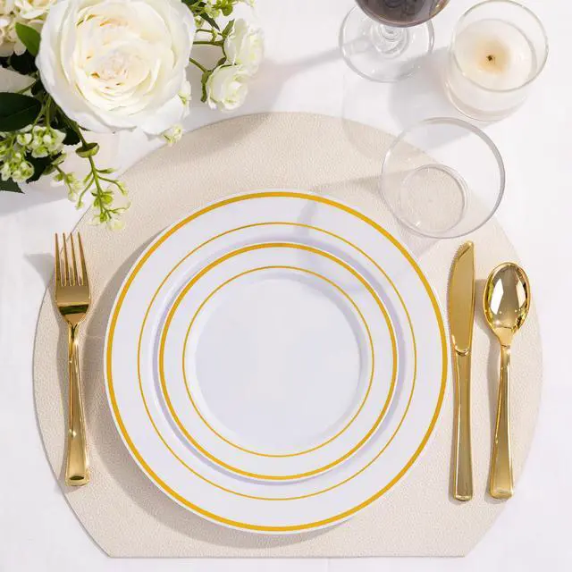 Alt view image 5 of 7 - 300 PCS Gold Dinnerware Set for 50 Guests, Gold and White Disposable Plastic Plates for Party, 50 Dinner & Salad Plates, 50 Cups Forks Knives Spoons for Wedding and Party Supplies