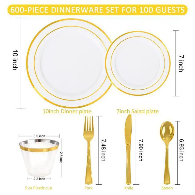 Alt view image 6 of 7 - 300 PCS Gold Dinnerware Set for 50 Guests, Gold and White Disposable Plastic Plates for Party, 50 Dinner & Salad Plates, 50 Cups Forks Knives Spoons for Wedding and Party Supplies
