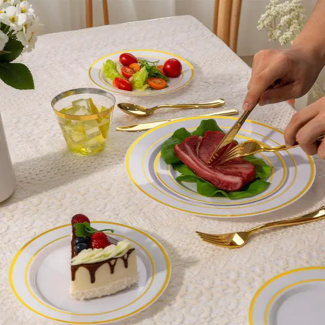 Alt view image 7 of 7 - 300 PCS Gold Dinnerware Set for 50 Guests, Gold and White Disposable Plastic Plates for Party, 50 Dinner & Salad Plates, 50 Cups Forks Knives Spoons for Wedding and Party Supplies