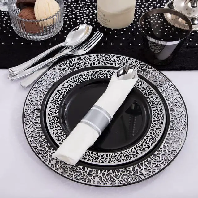 Alt view image 2 of 7 - 210PCS Black and Silver Dinnerware Set for 30 Guests - Black Plastic Plates with Silver Rim Include 30 Dinner / 30 Dessert Plates, 30 Prewrapped Silverware, 30 Cups Ideal for Party/Graduation