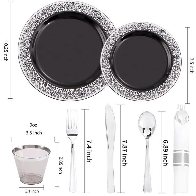 Alt view image 3 of 7 - 210PCS Black and Silver Dinnerware Set for 30 Guests - Black Plastic Plates with Silver Rim Include 30 Dinner / 30 Dessert Plates, 30 Prewrapped Silverware, 30 Cups Ideal for Party/Graduation