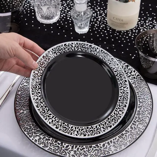 Alt view image 4 of 7 - 210PCS Black and Silver Dinnerware Set for 30 Guests - Black Plastic Plates with Silver Rim Include 30 Dinner / 30 Dessert Plates, 30 Prewrapped Silverware, 30 Cups Ideal for Party/Graduation