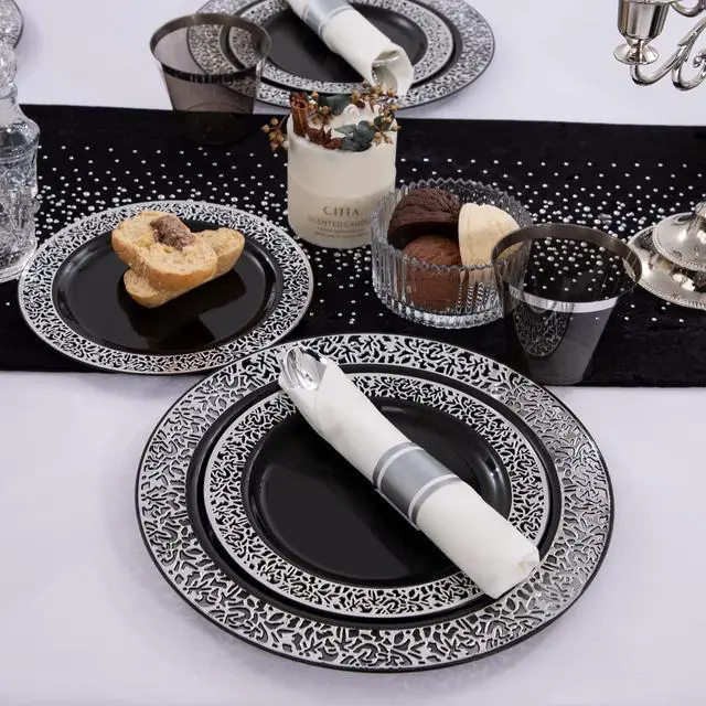Alt view image 5 of 7 - 210PCS Black and Silver Dinnerware Set for 30 Guests - Black Plastic Plates with Silver Rim Include 30 Dinner / 30 Dessert Plates, 30 Prewrapped Silverware, 30 Cups Ideal for Party/Graduation
