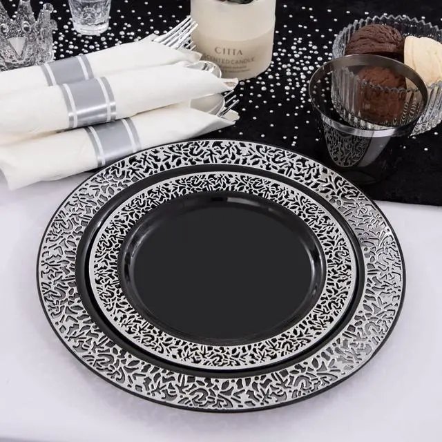 Alt view image 6 of 7 - 210PCS Black and Silver Dinnerware Set for 30 Guests - Black Plastic Plates with Silver Rim Include 30 Dinner / 30 Dessert Plates, 30 Prewrapped Silverware, 30 Cups Ideal for Party/Graduation