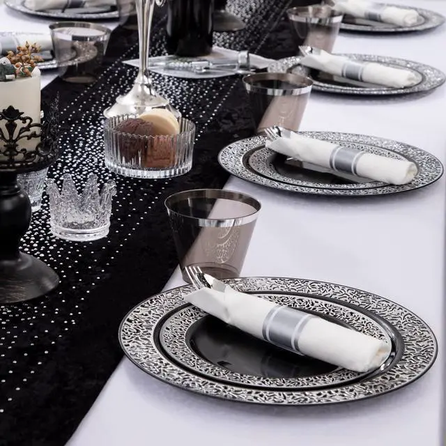 Alt view image 7 of 7 - 210PCS Black and Silver Dinnerware Set for 30 Guests - Black Plastic Plates with Silver Rim Include 30 Dinner / 30 Dessert Plates, 30 Prewrapped Silverware, 30 Cups Ideal for Party/Graduation