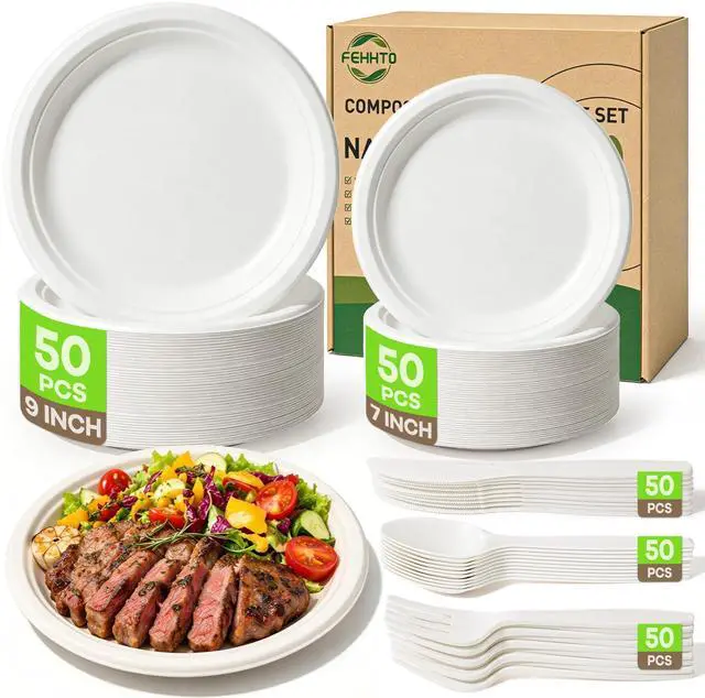 Main image of 250PCS Disposable Paper Plates Set and Utensils, Compostable Dinnerware 9 and 7inch Plates, Biodegradable Paper Plates, Forks, Knives and Spoons for Party 50 People