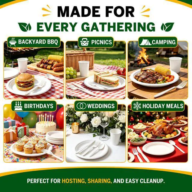 Alt view image 2 of 7 - 250PCS Disposable Paper Plates Set and Utensils, Compostable Dinnerware 9 and 7inch Plates, Biodegradable Paper Plates, Forks, Knives and Spoons for Party 50 People