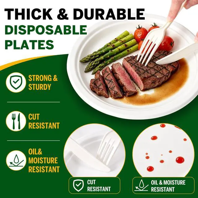 Alt view image 5 of 7 - 250PCS Disposable Paper Plates Set and Utensils, Compostable Dinnerware 9 and 7inch Plates, Biodegradable Paper Plates, Forks, Knives and Spoons for Party 50 People