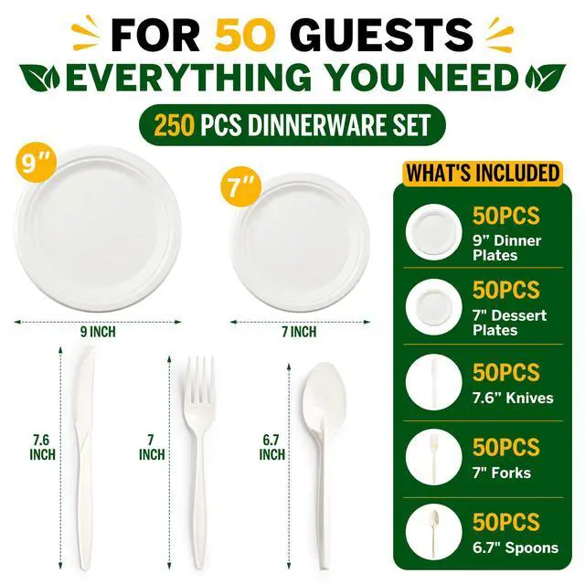 Alt view image 7 of 7 - 250PCS Disposable Paper Plates Set and Utensils, Compostable Dinnerware 9 and 7inch Plates, Biodegradable Paper Plates, Forks, Knives and Spoons for Party 50 People