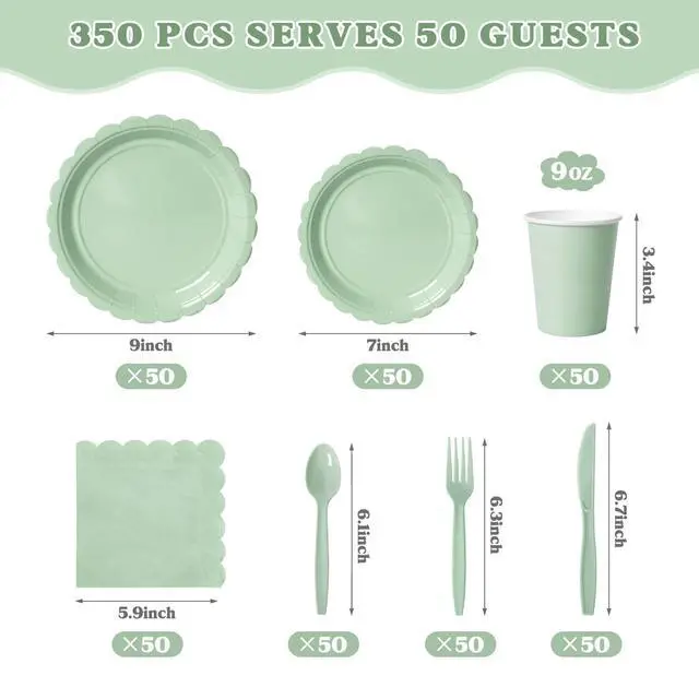 Alt view image 2 of 7 - 350 Pcs Sage Green Paper Sets for 50 Guests, Disposable Plates Cups Napkins and Cutlery, Birthday Baby Shower Wedding Party Supplies