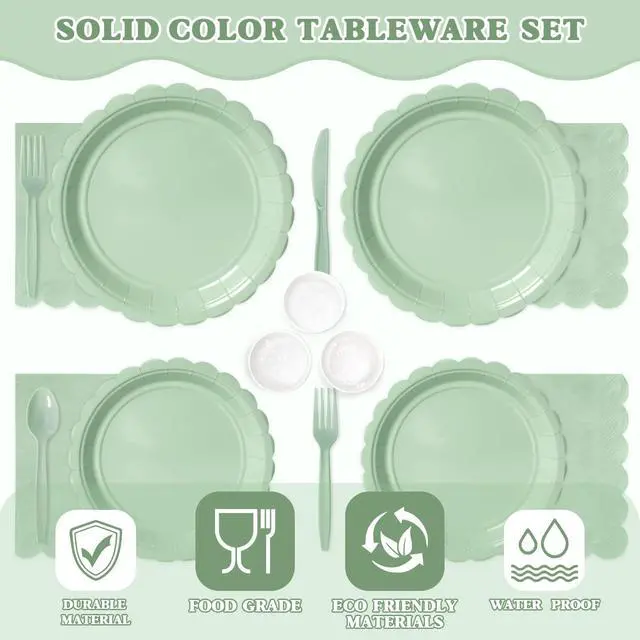 Alt view image 3 of 7 - 350 Pcs Sage Green Paper Sets for 50 Guests, Disposable Plates Cups Napkins and Cutlery, Birthday Baby Shower Wedding Party Supplies