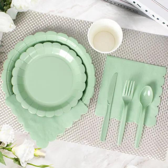 Alt view image 4 of 7 - 350 Pcs Sage Green Paper Sets for 50 Guests, Disposable Plates Cups Napkins and Cutlery, Birthday Baby Shower Wedding Party Supplies